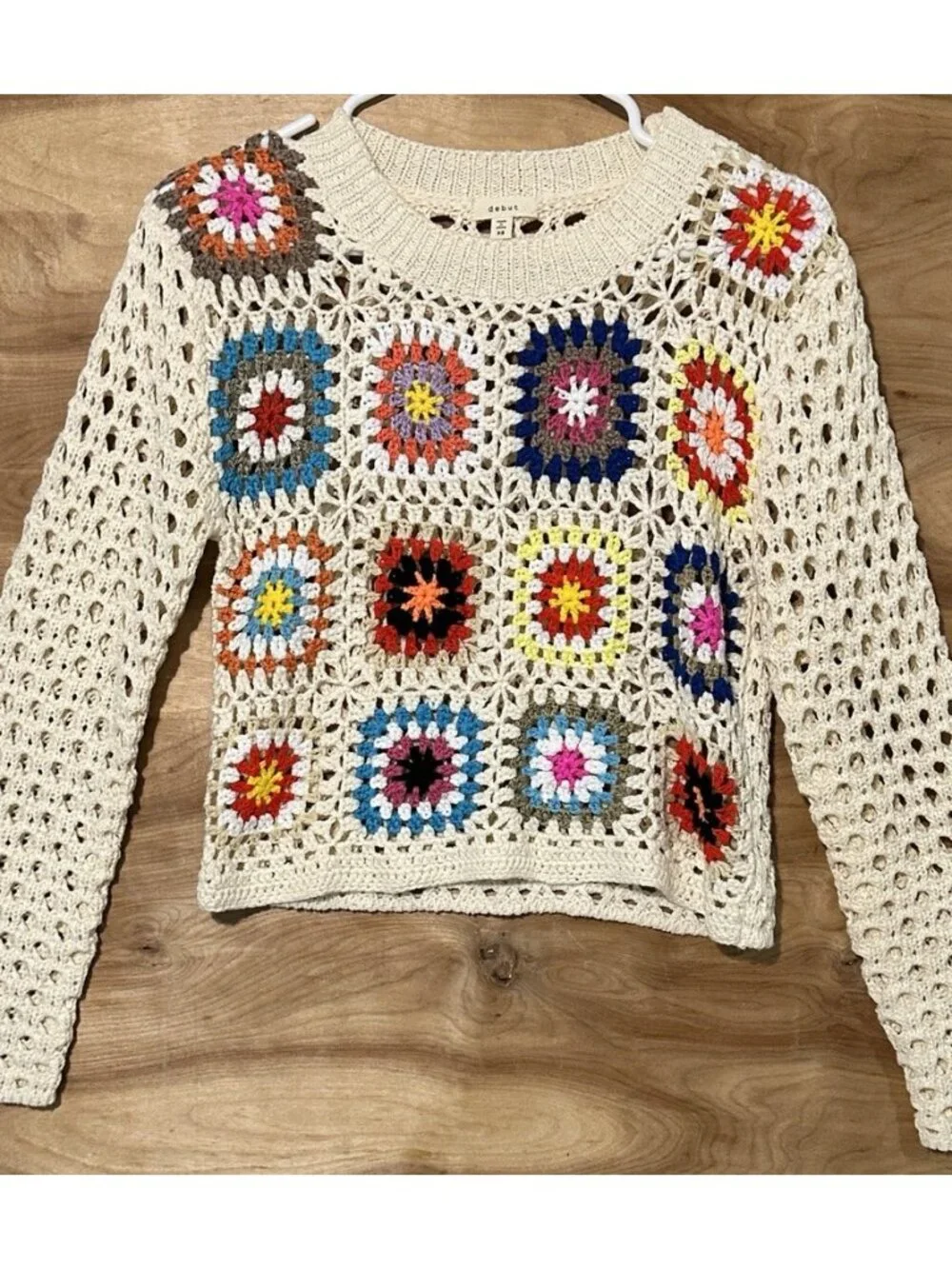 Debut Granny Square Crochet Pullover Sweater Cropped Open Knit Cream Flower XS
